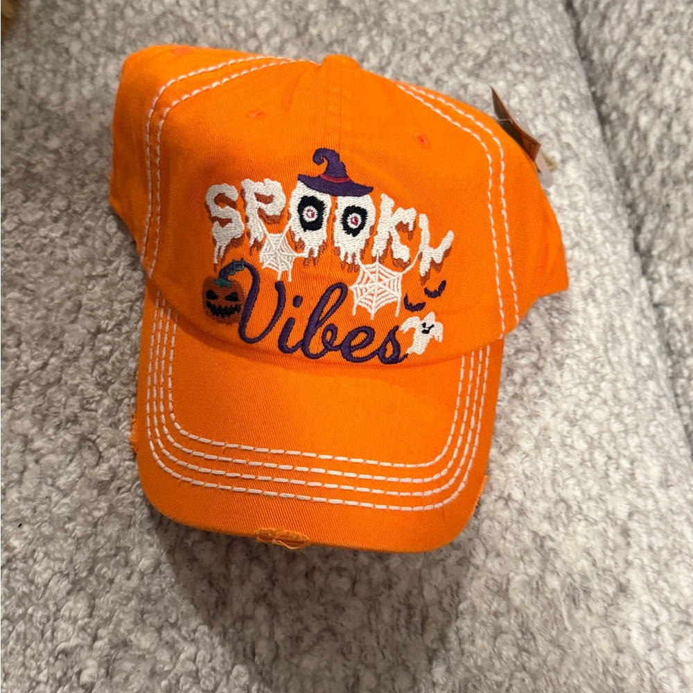 Halloween Distressed Adjustable Baseball Hat Spooky Vibes Cap Orange Witchy
